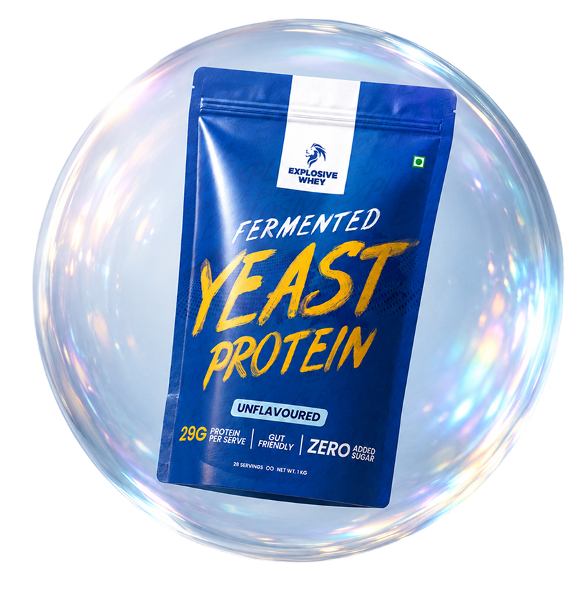 Explosive Whey Fermented Yeast Protein, unflavoured, 1 kg pack floating inside a soap bubble
